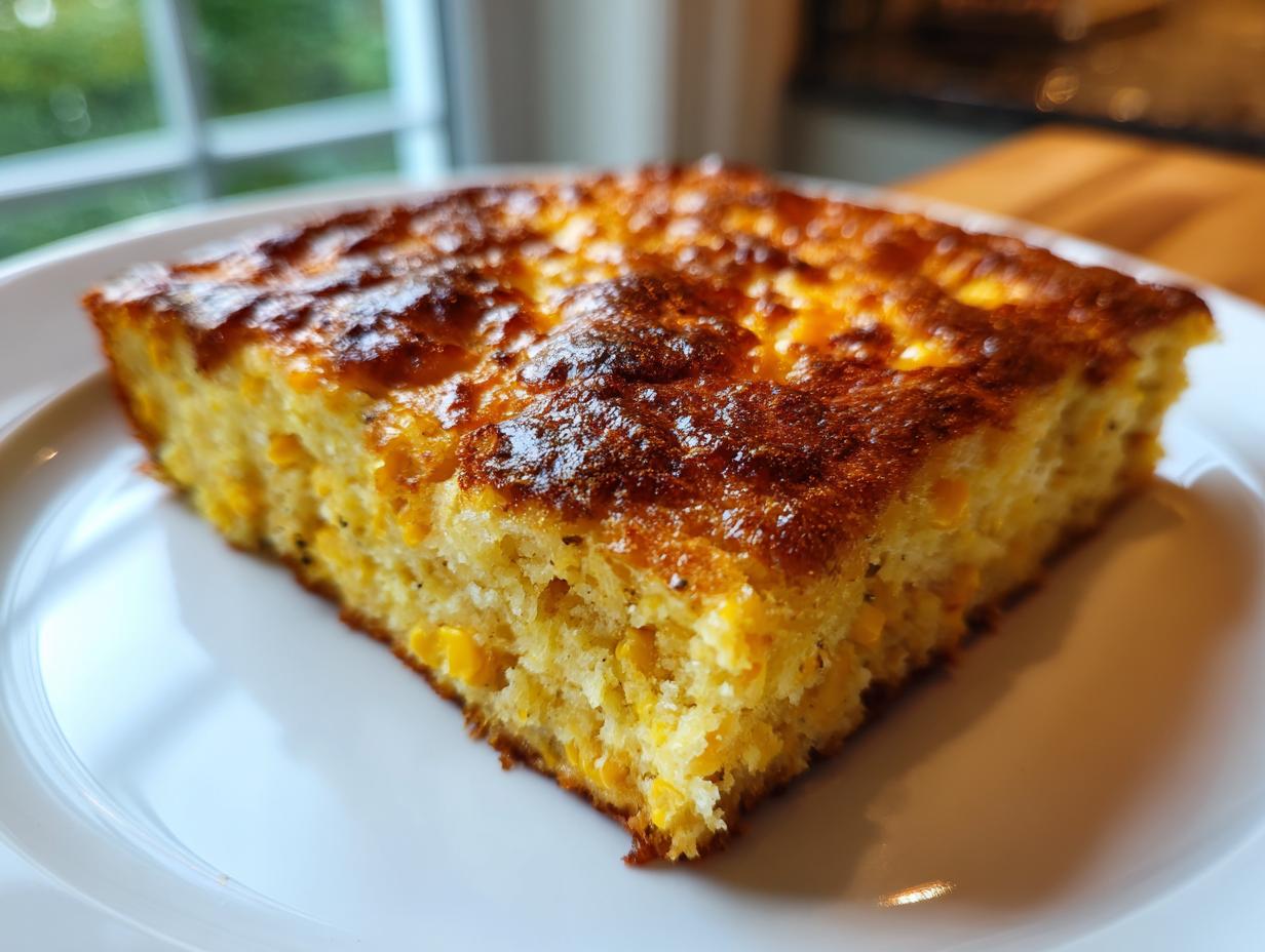 A close-up of a square slice of moist corn casserole with visible kernels of corn and a deeply browned, golden top.