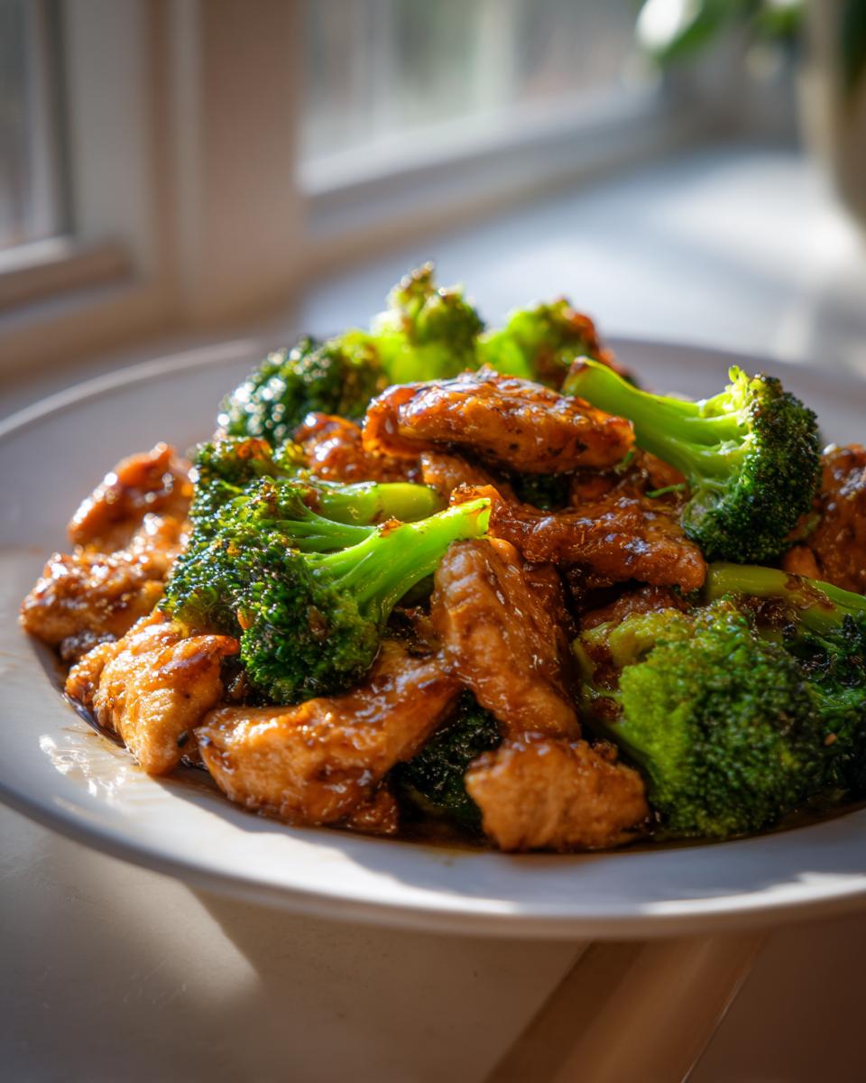 Close-up of saucy chicken and bright green broccoli florets served on a white plate.