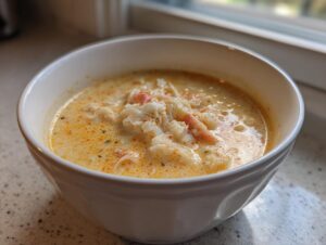 Close-up of a hearty bowl of creamy crab soup topped generously with flakes of white and pink crab meat.