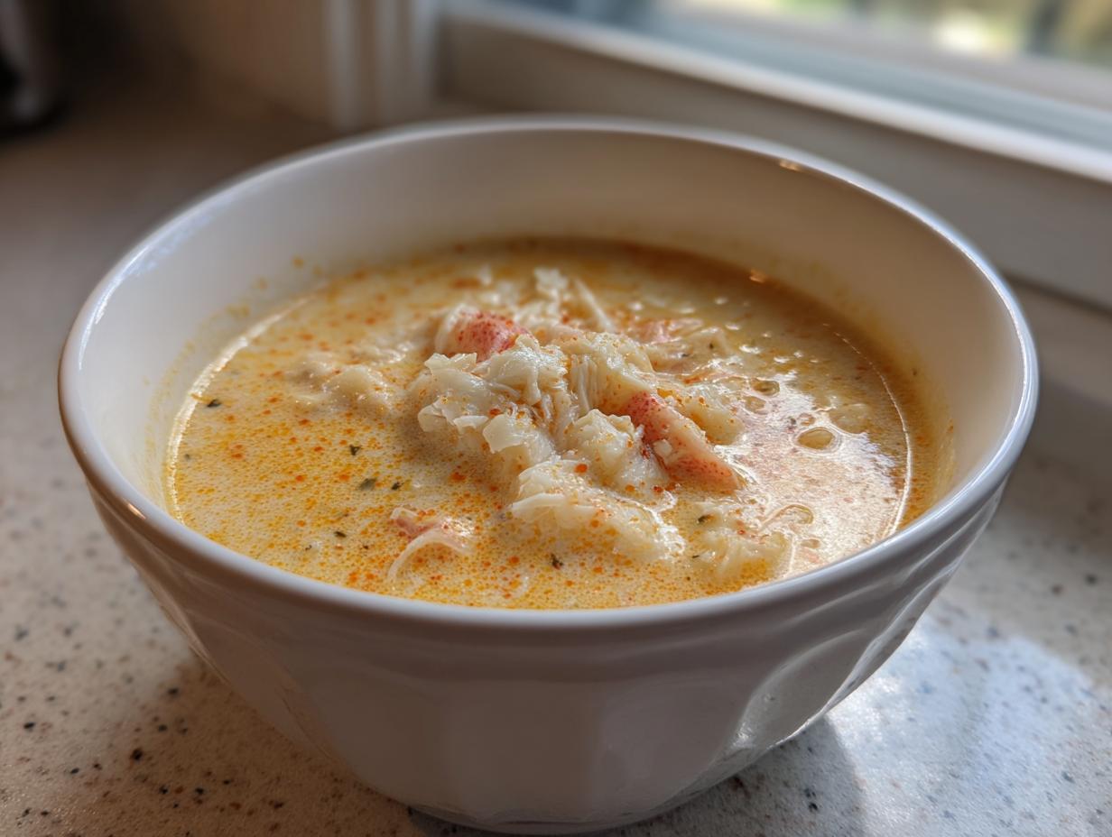 Close-up of a hearty bowl of creamy crab soup topped generously with flakes of white and pink crab meat.
