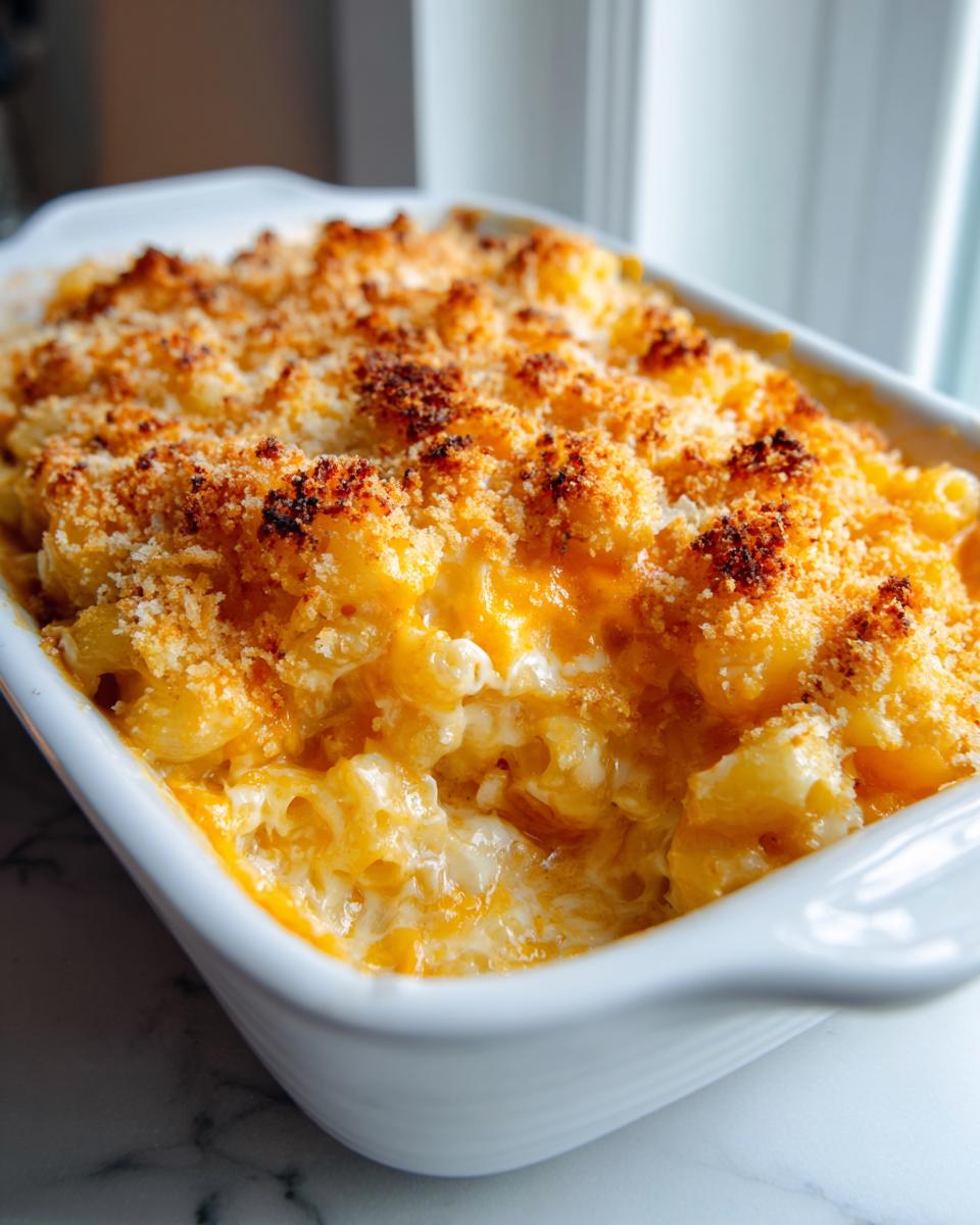 Close-up of creamy, cheesy baked mac and cheese recipe with a crispy, golden breadcrumb topping in a white dish.