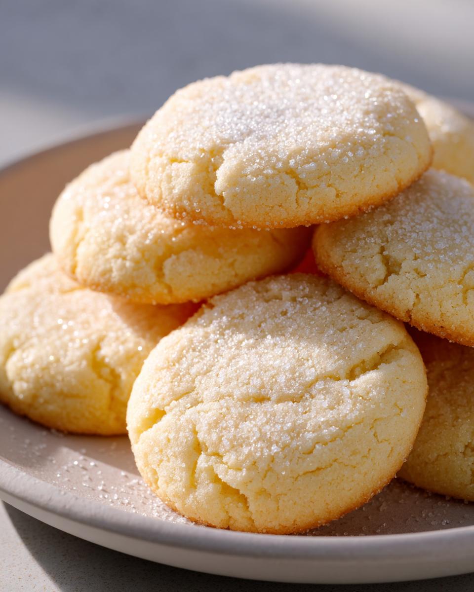 A close-up stack of soft, pale yellow 3-ingredient butter cookies generously coated in sparkling granulated sugar.