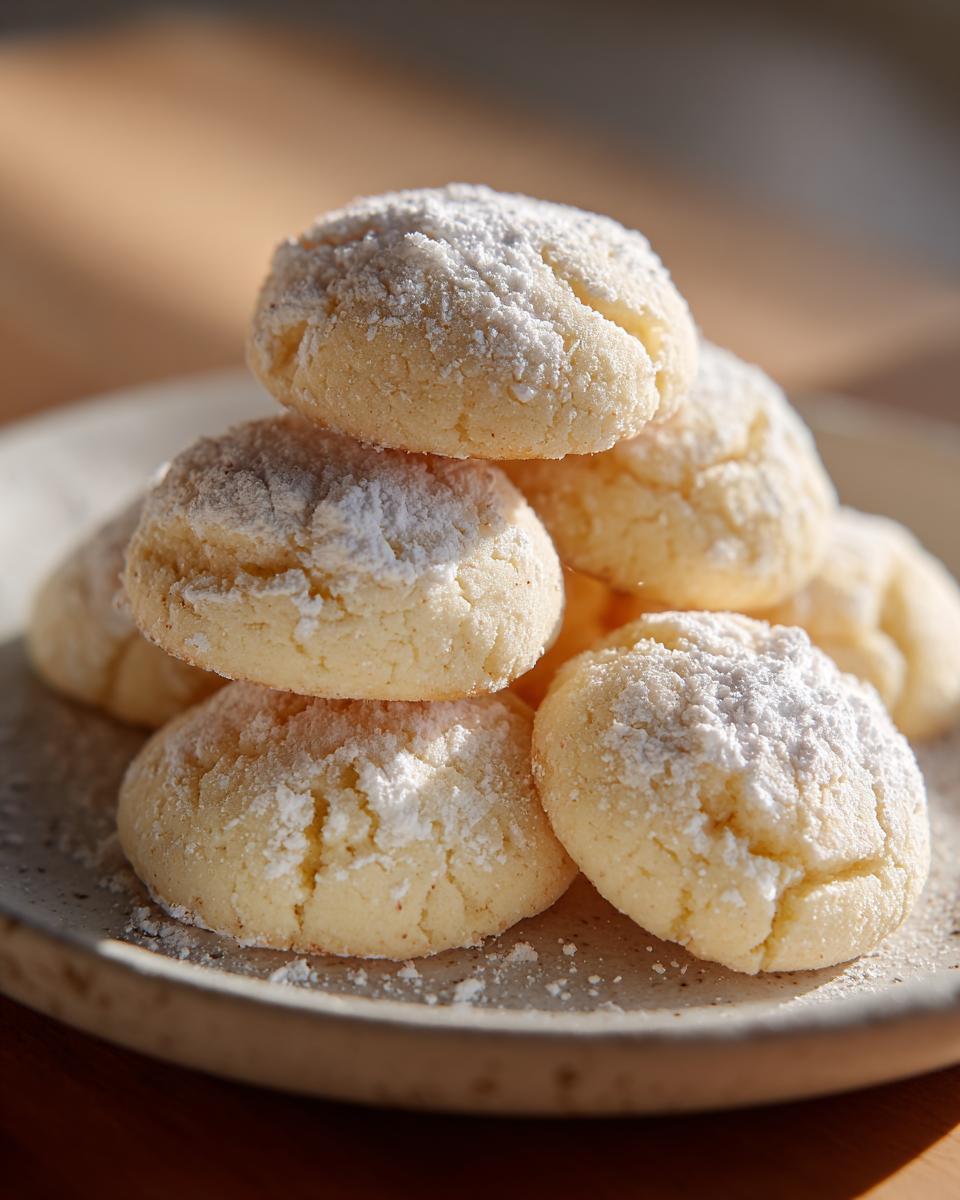 A close-up stack of soft, round 3-ingredient butter cookies dusted heavily with powdered sugar on a speckled plate.