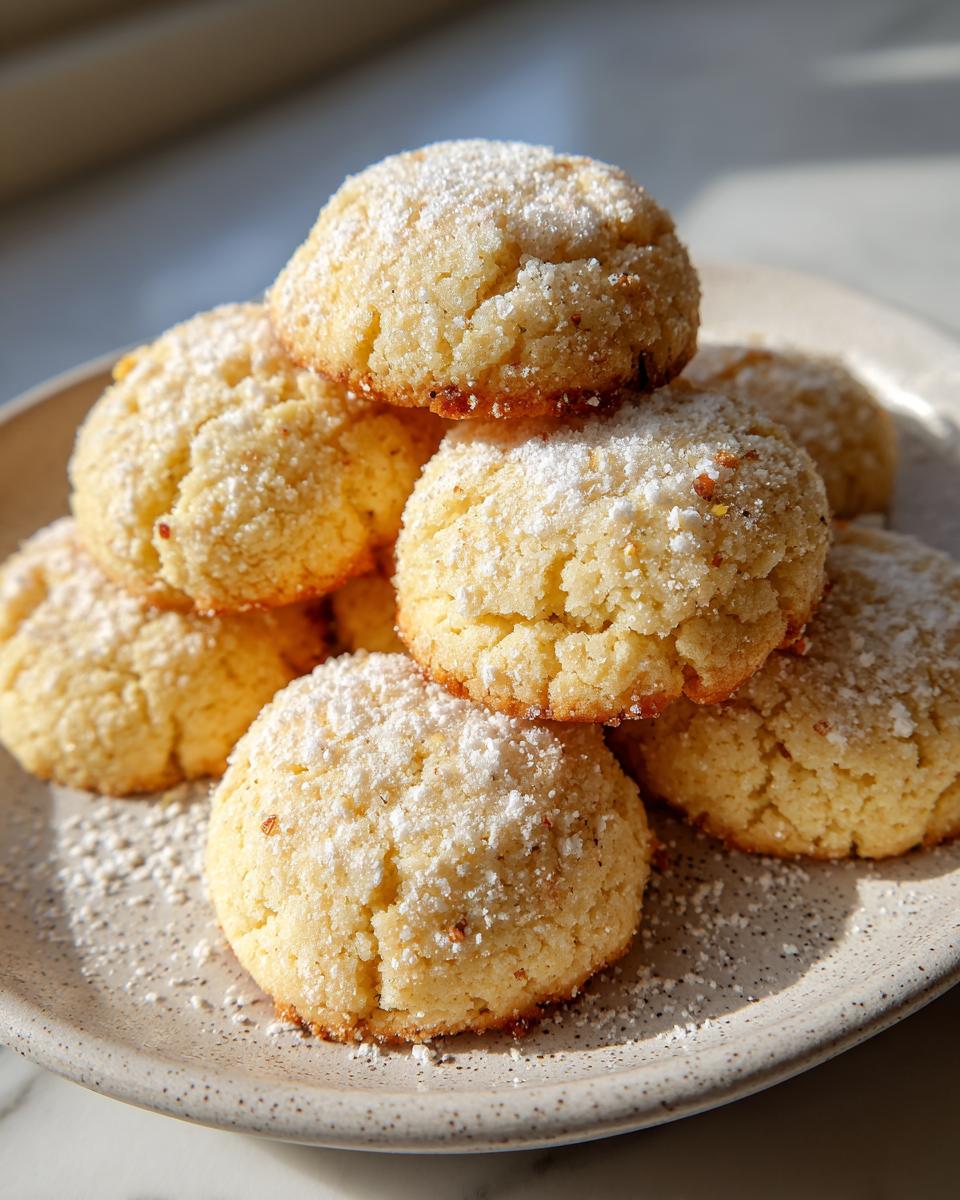 A close-up stack of golden 3-ingredient butter cookies generously dusted with powdered sugar on a speckled plate.