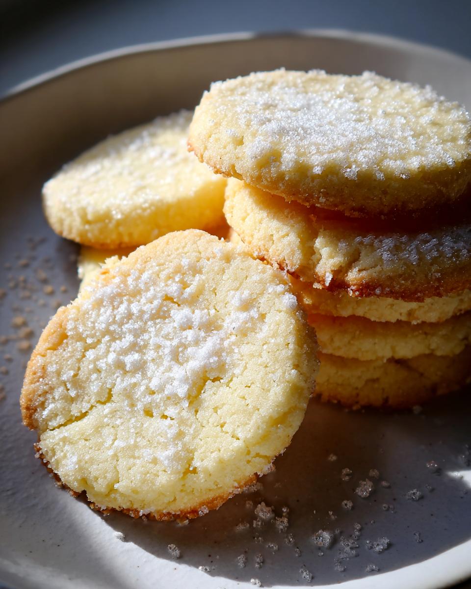A close-up of a stack of golden 3-ingredient butter cookies dusted lightly with powdered sugar on a light plate.
