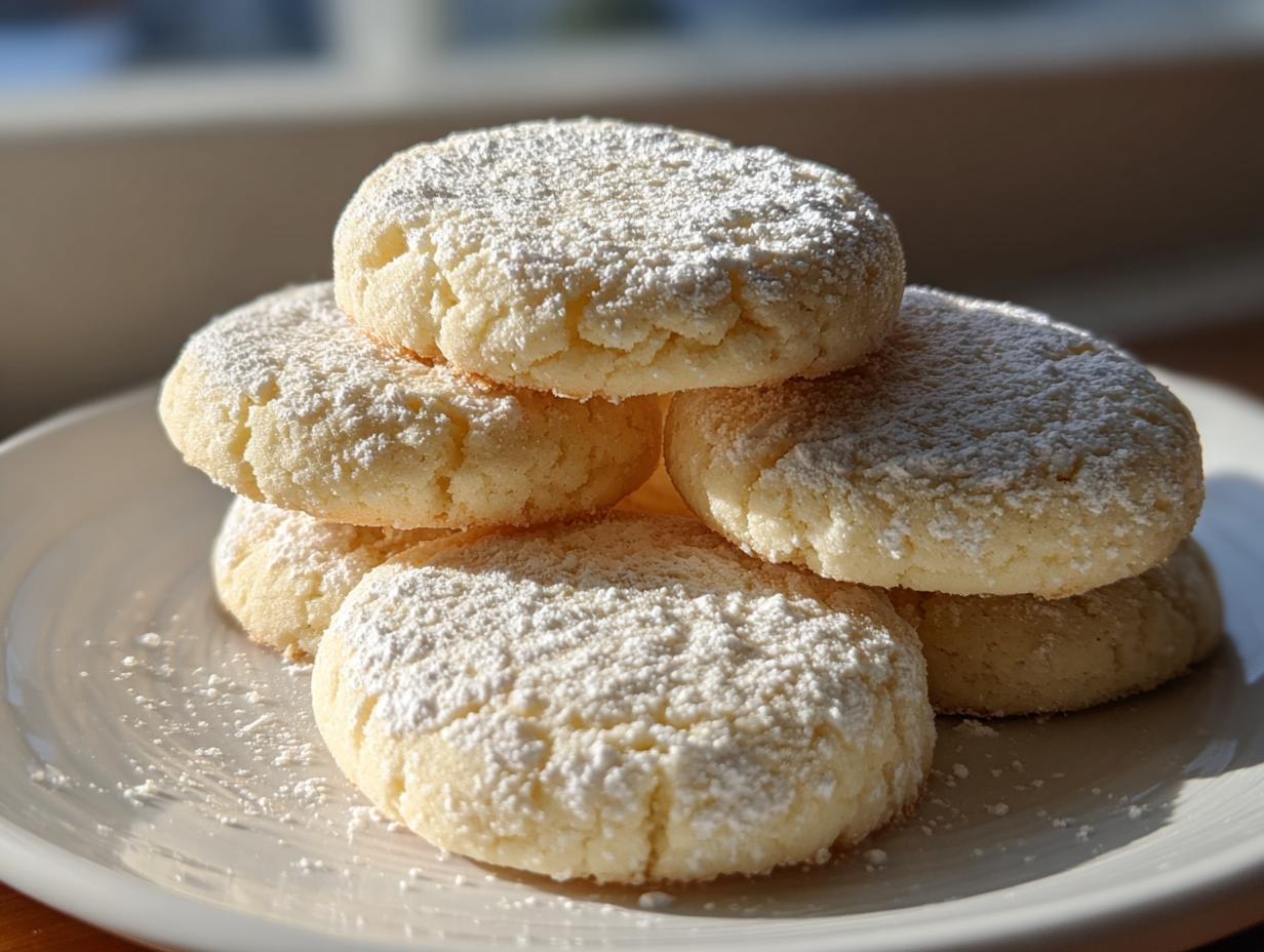 A stack of soft, round 3-ingredient butter cookies heavily dusted with powdered sugar, sitting on a white plate.