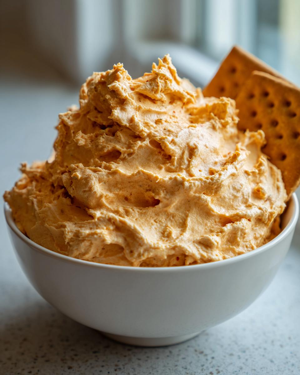 A bowl filled with light, airy, orange-colored pumpkin fluff dip served with square crackers.