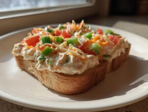 A slice of toasted bread topped generously with creamy 5-ingredient boat dip, garnished with cheese, tomatoes, and green peppers.