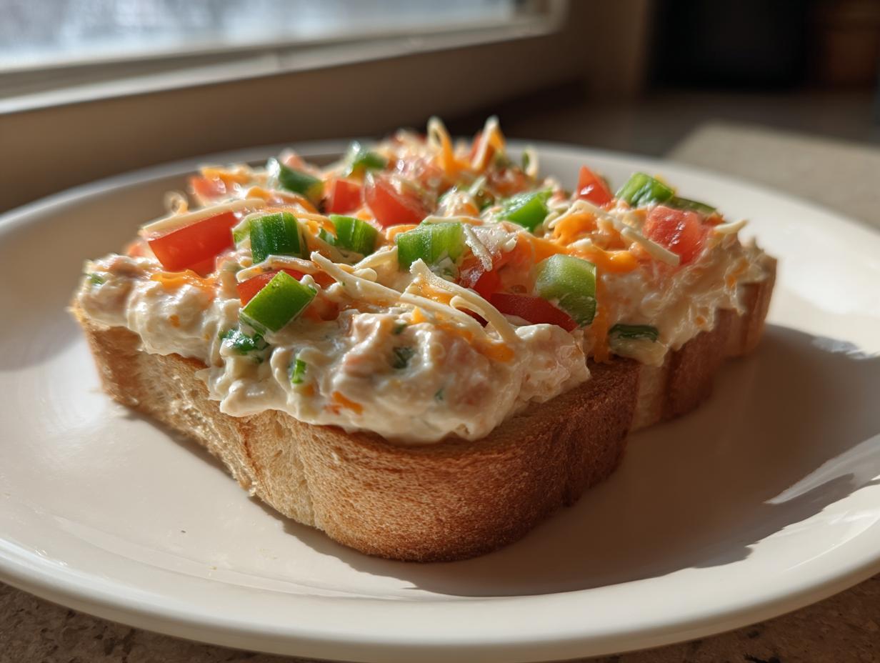 A slice of toasted bread topped generously with creamy 5-ingredient boat dip, garnished with cheese, tomatoes, and green peppers.