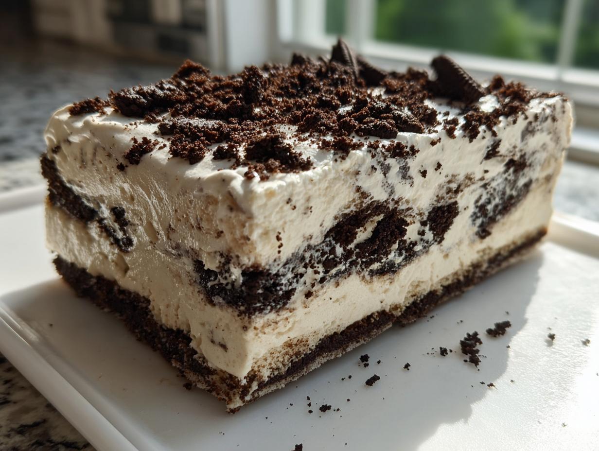 A rectangular slice of rich Oreo dirt cake showing distinct layers of cream and crushed chocolate cookies.
