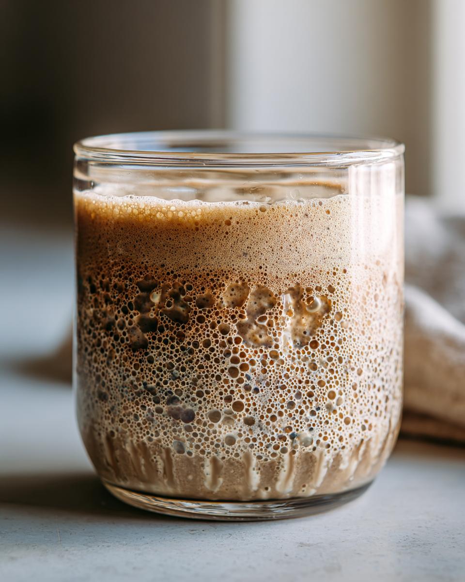 Close-up of a very active sourdough starter showing numerous bubbles and separation in a clear glass jar.
