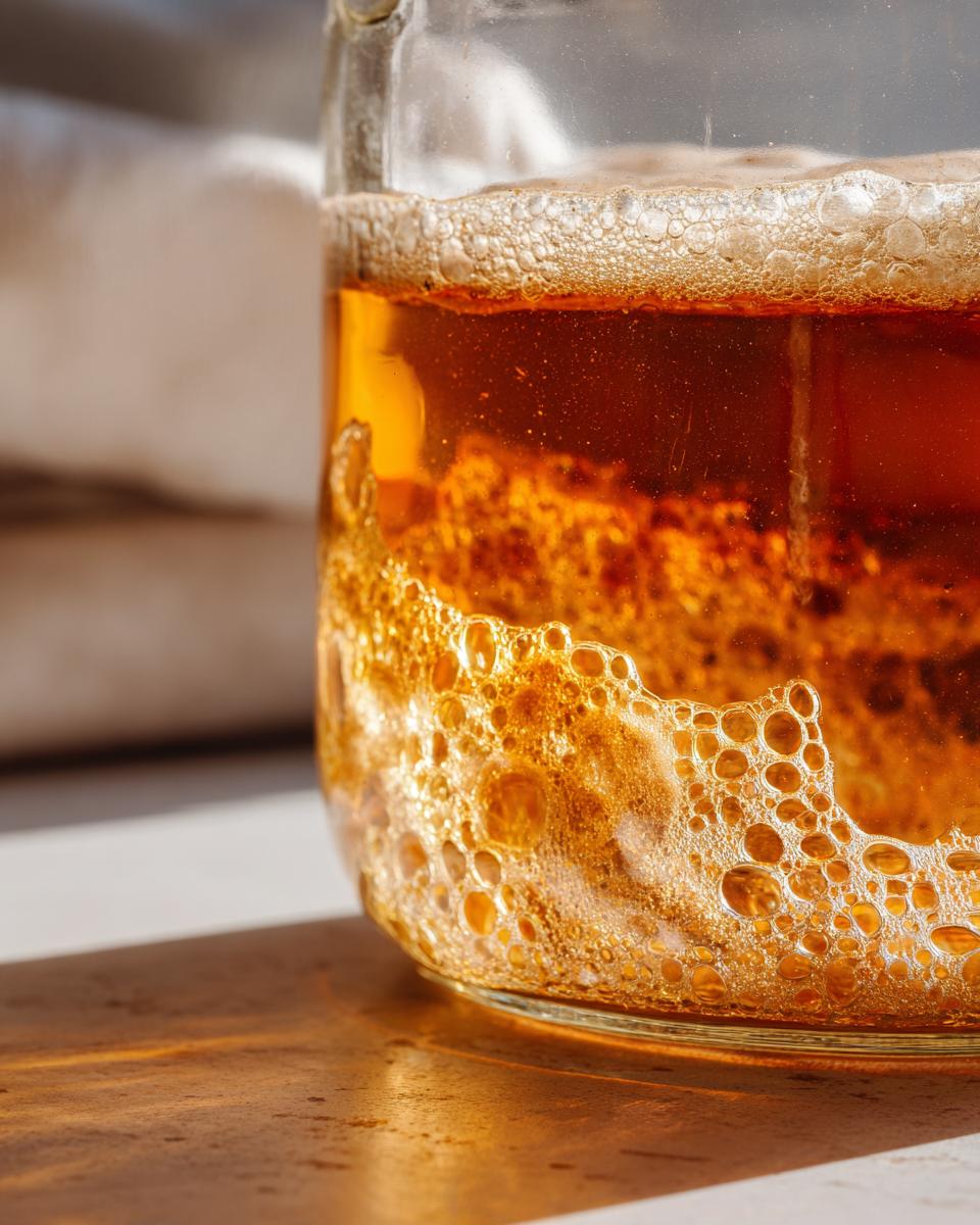 Close-up of an active sourdough starter showing significant bubbling and foam development in a glass jar.
