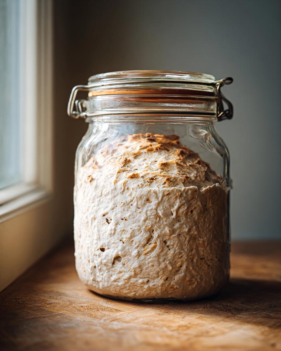 A very active sourdough starter has risen significantly inside a clear glass jar with a clamp lid.