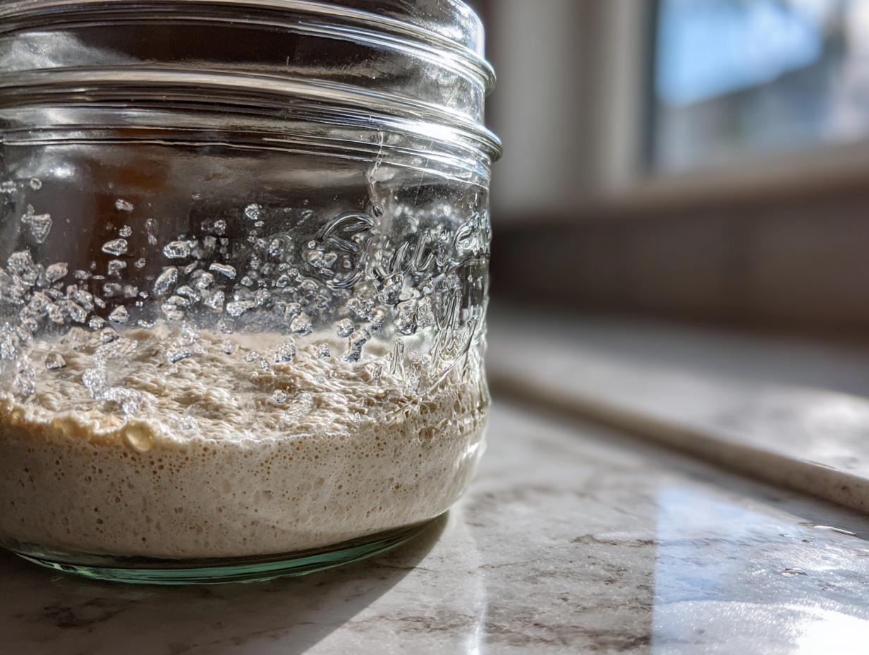 Close-up of an active, bubbly sourdough starter rising in a clear glass jar on a sunlit counter.
