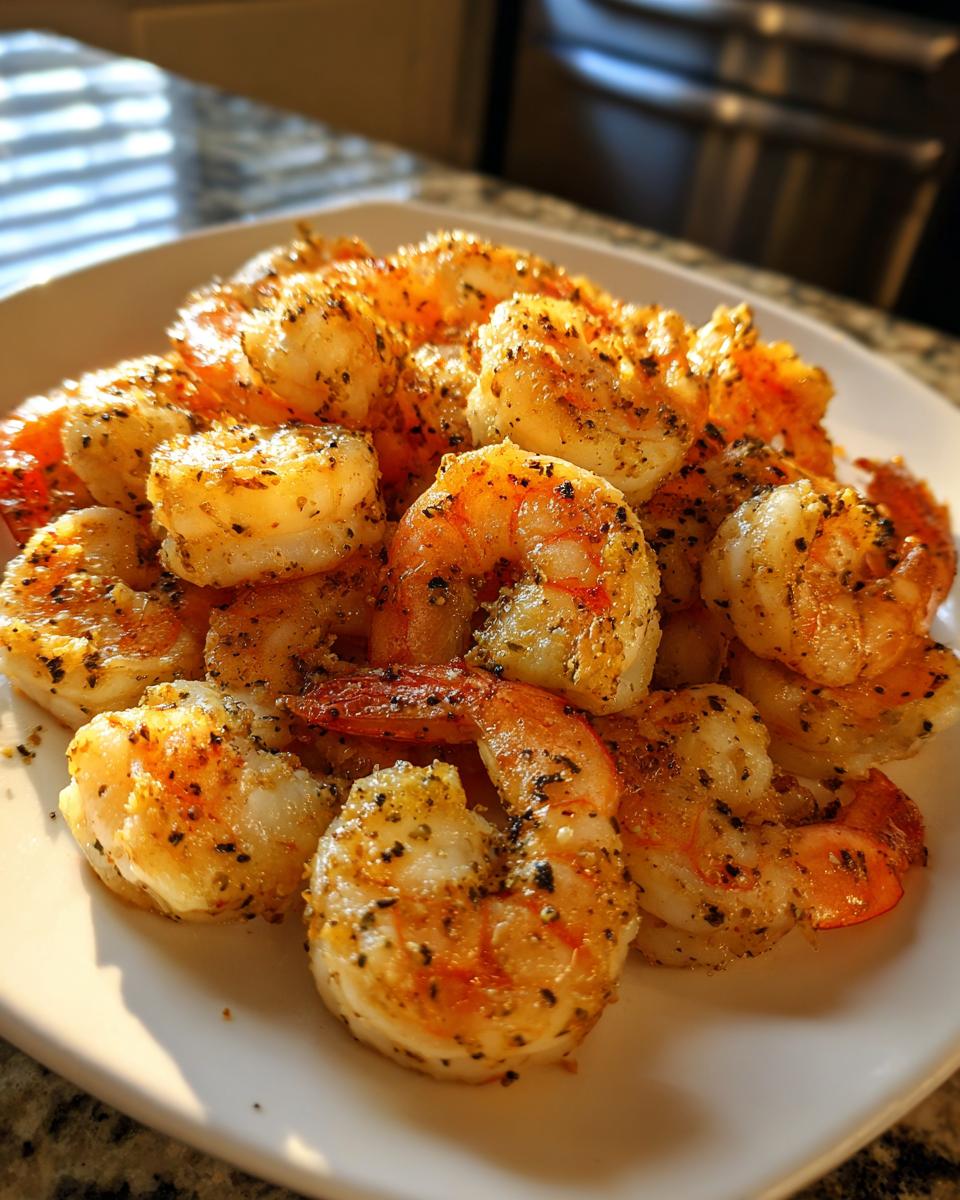 A close-up of cooked, seasoned air fryer frozen shrimp piled high on a white plate, glistening in the sunlight.