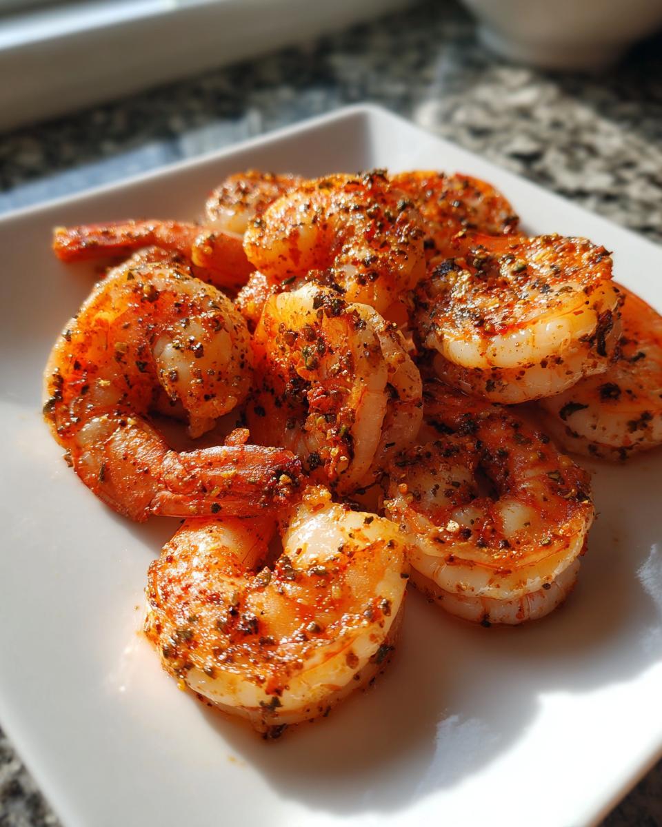 Close-up of cooked, seasoned air fryer frozen shrimp piled on a white square plate.