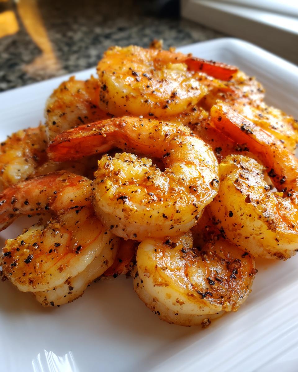 A close-up of seasoned, cooked air fryer frozen shrimp piled on a white plate.