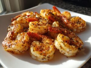 Close-up of perfectly cooked air fryer frozen shrimp, seasoned heavily with black pepper, served on a white plate.