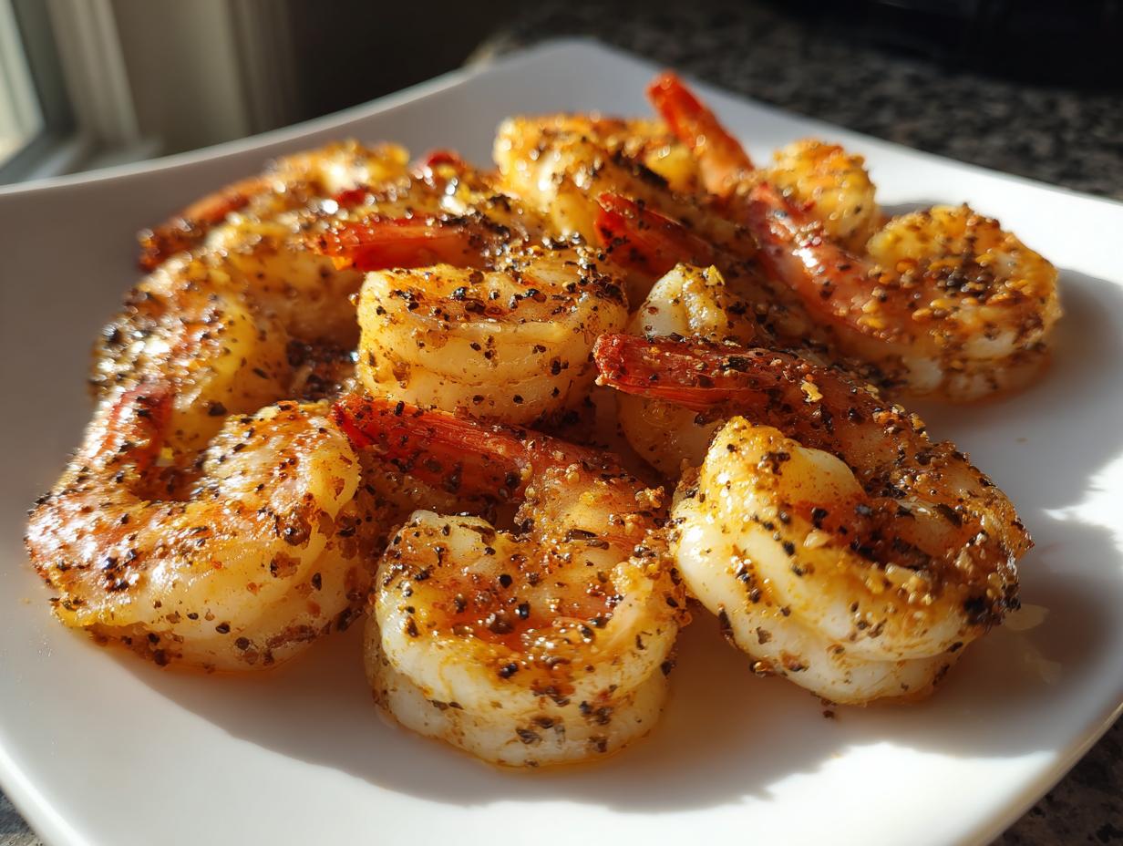 Close-up of perfectly cooked air fryer frozen shrimp, seasoned heavily with black pepper, served on a white plate.