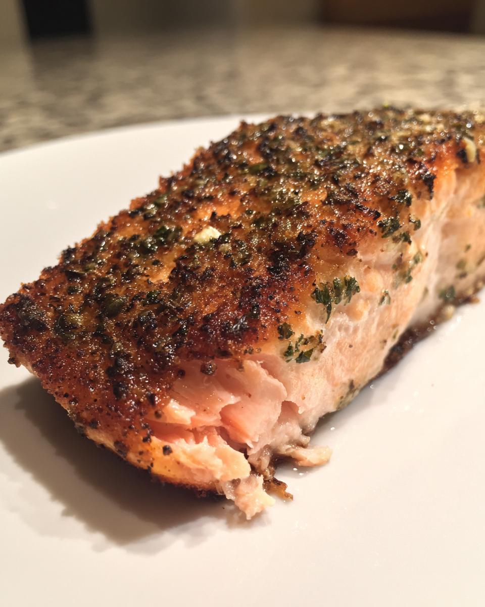 Close-up of a perfectly cooked, flaky piece of air fryer salmon with a seasoned, browned crust.