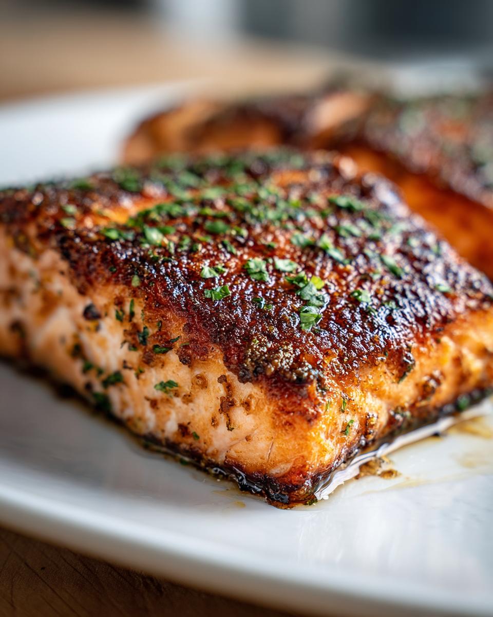 Close-up of a perfectly cooked piece of air fryer salmon with a dark, seasoned crust and fresh parsley.