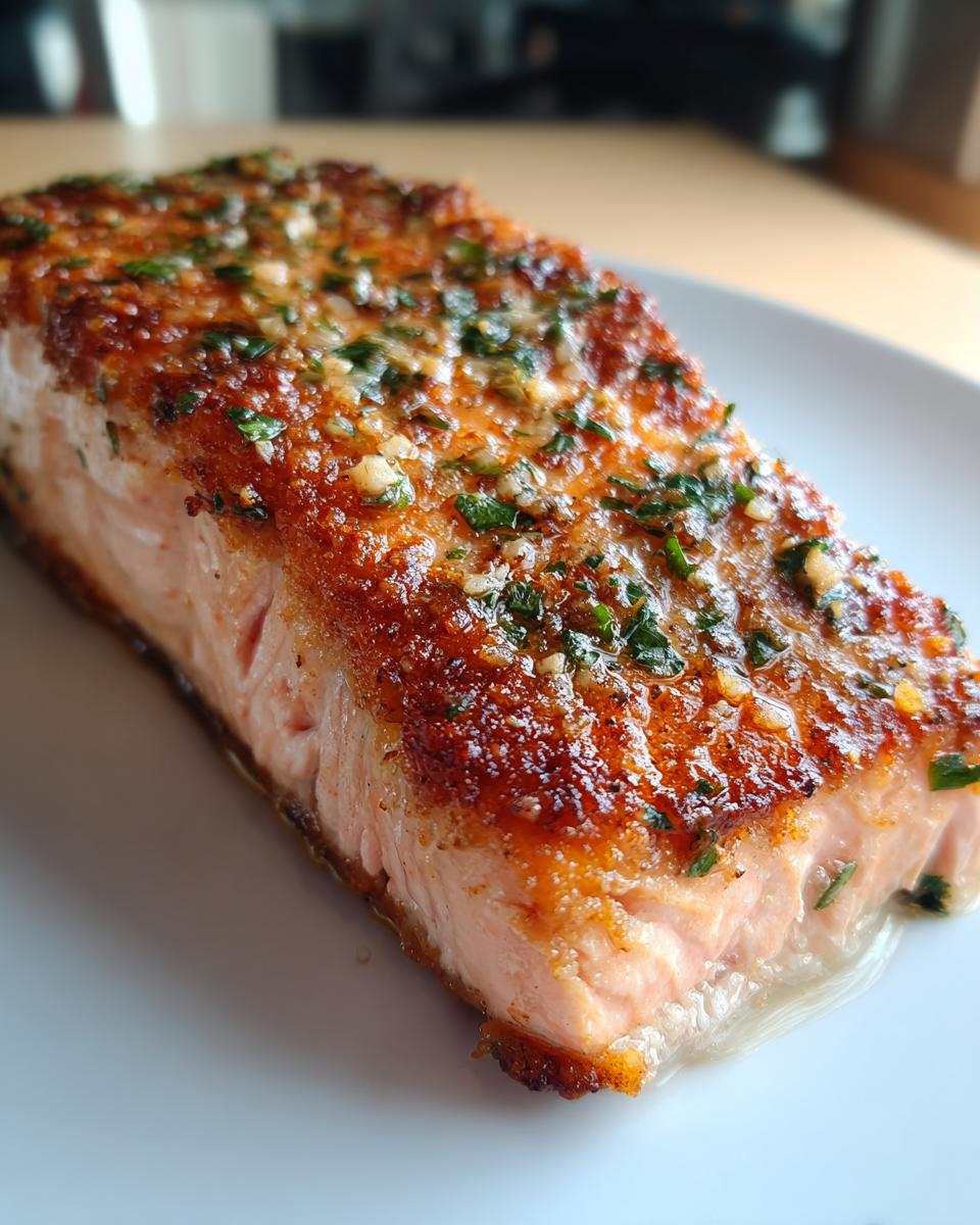 Close-up of a moist, flaky air fryer salmon fillet with a golden-brown, herb and garlic crust.