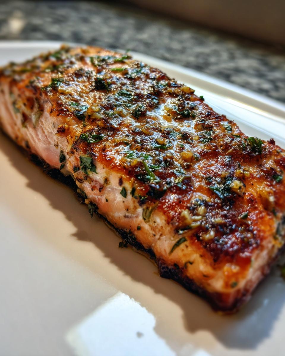 Close-up of a juicy, perfectly cooked air fryer salmon fillet topped with garlic and fresh parsley.