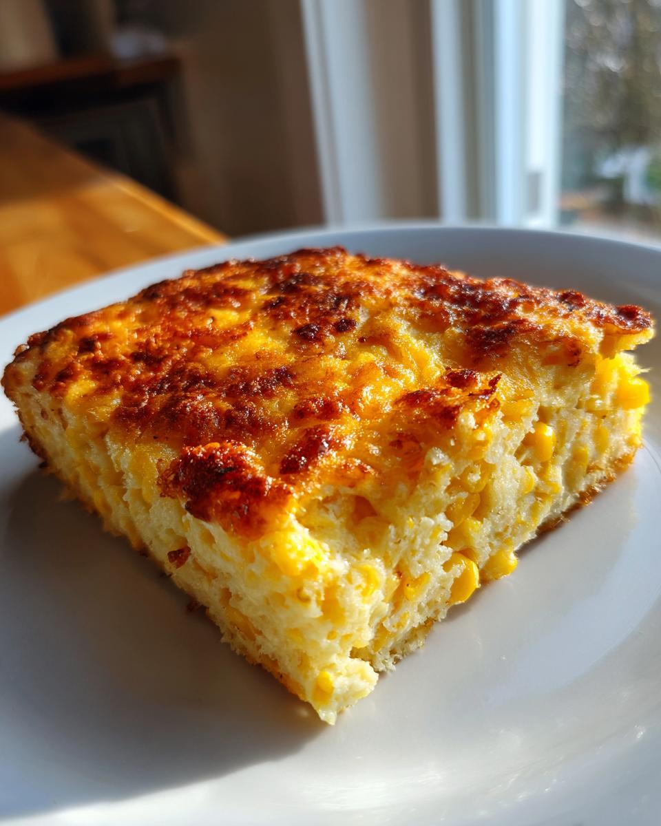 A close-up slice of moist, cheesy corn casserole with a beautifully browned top, showcasing whole kernels of corn.