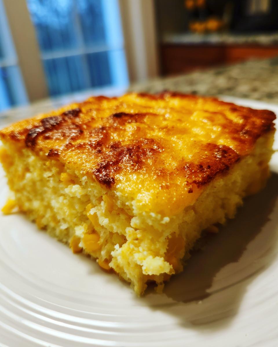 A square slice of moist, golden-brown corn casserole with visible kernels of corn on a white plate.