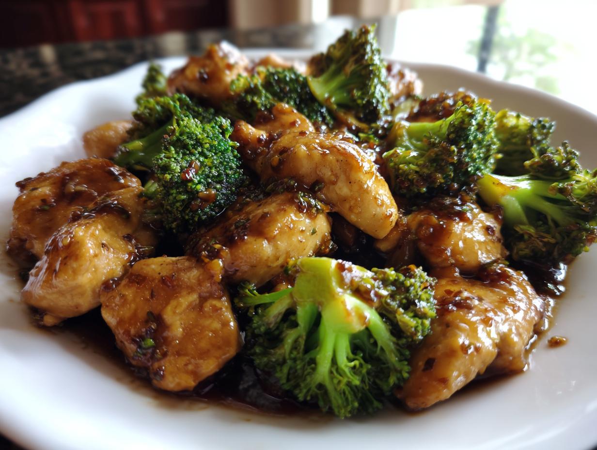 Close-up of tender pieces of chicken and bright green broccoli florets coated in a savory brown sauce, ready to eat chicken and broccoli.