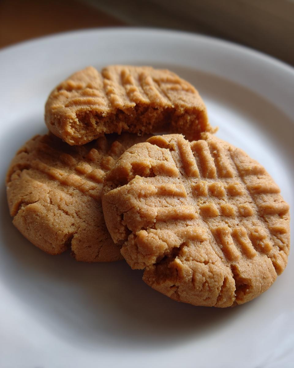 Three classic peanut butter cookies with fork crosshatch marks, one broken open, on a white plate.