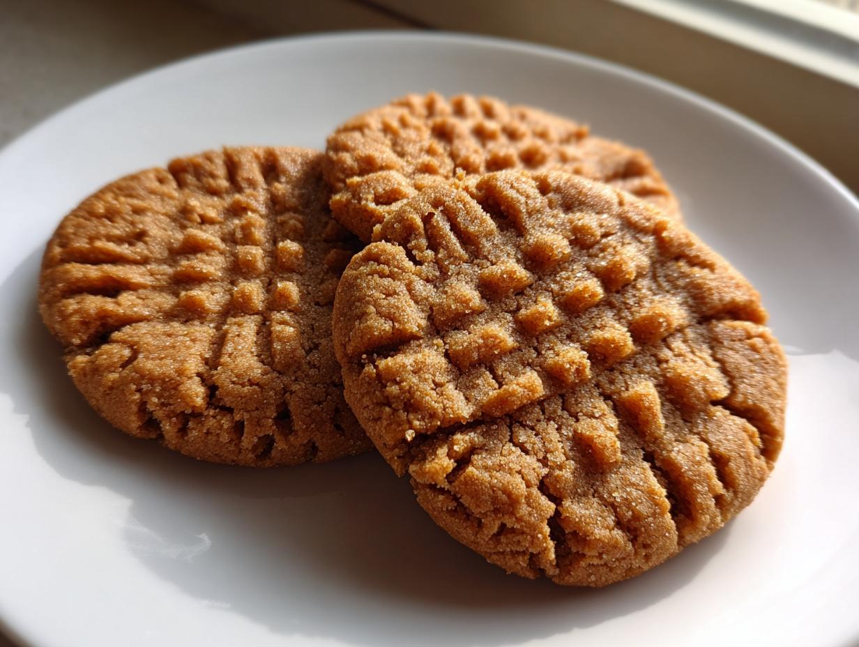 Three classic peanut butter cookies with crosshatch fork marks resting on a white plate.