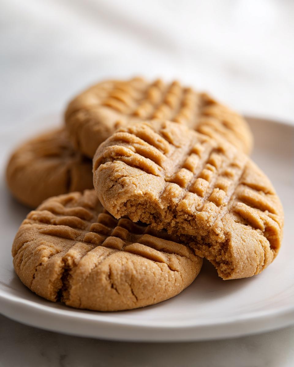 A stack of freshly baked peanut butter cookies with classic crosshatch fork marks, one cookie is broken open.