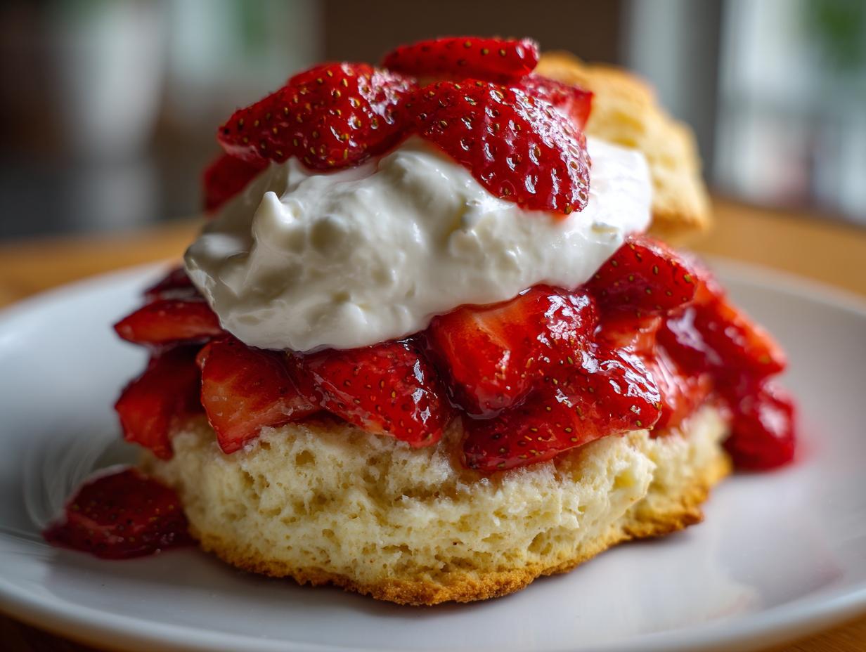 A close-up of a delicious shortcake layered with macerated strawberries and topped with whipped cream.
