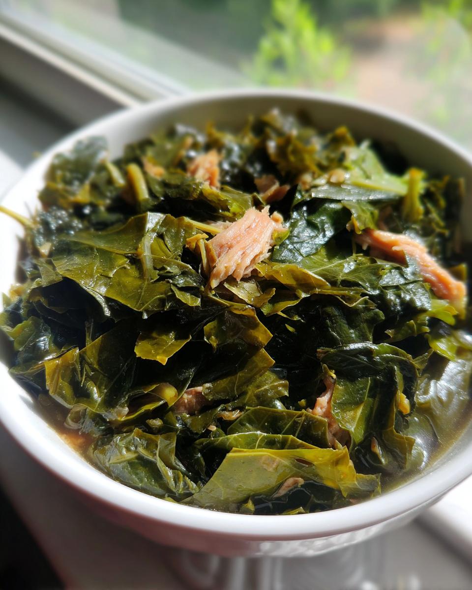 Close-up of tender, slow-cooked collard greens served in a white bowl with shreds of smoked meat.