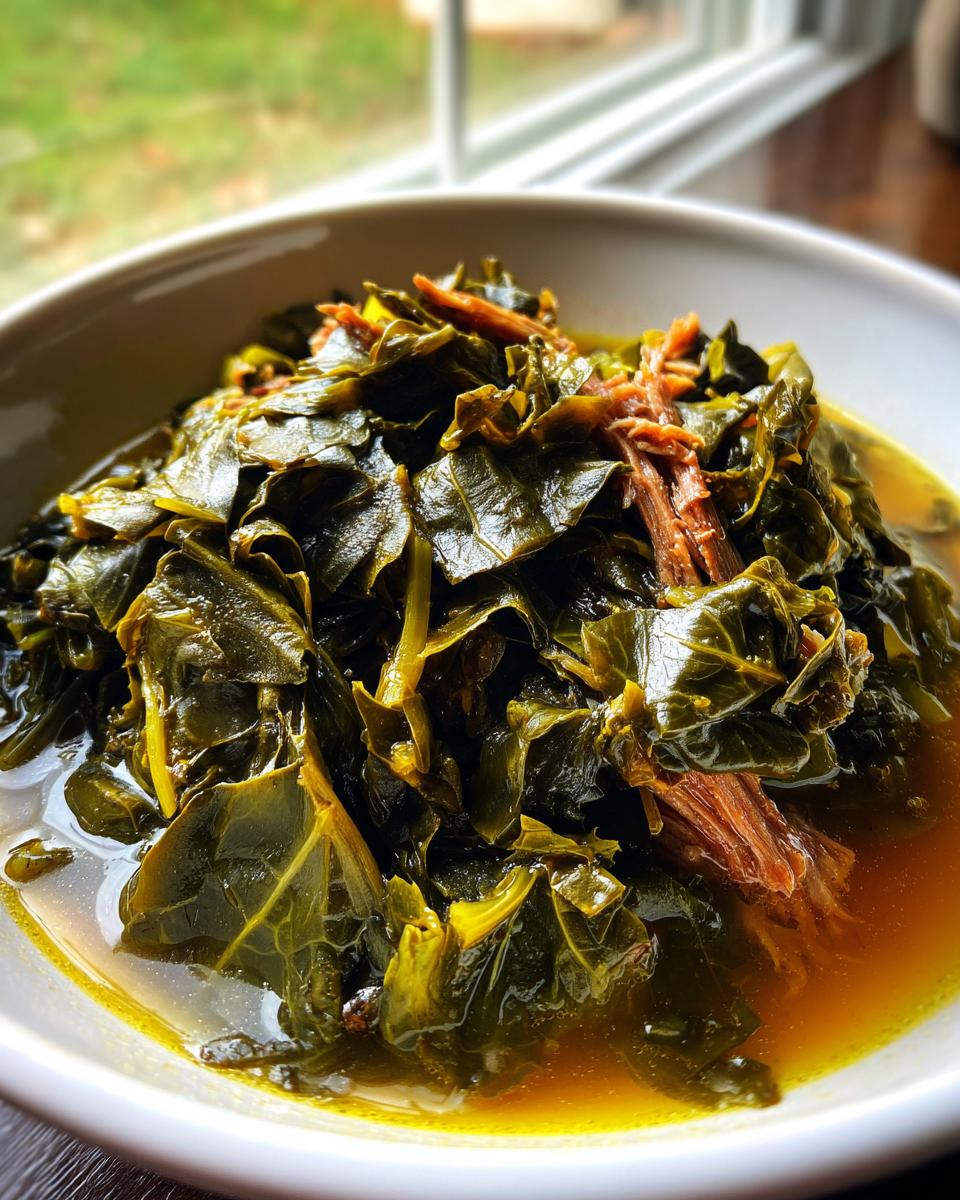 Close-up of tender, slow-cooked collard greens served in a white bowl with rich broth and shredded meat.