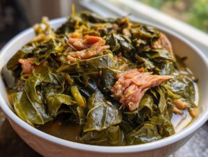 Close-up of tender, dark green collard greens served in a white bowl with pieces of shredded smoked ham.