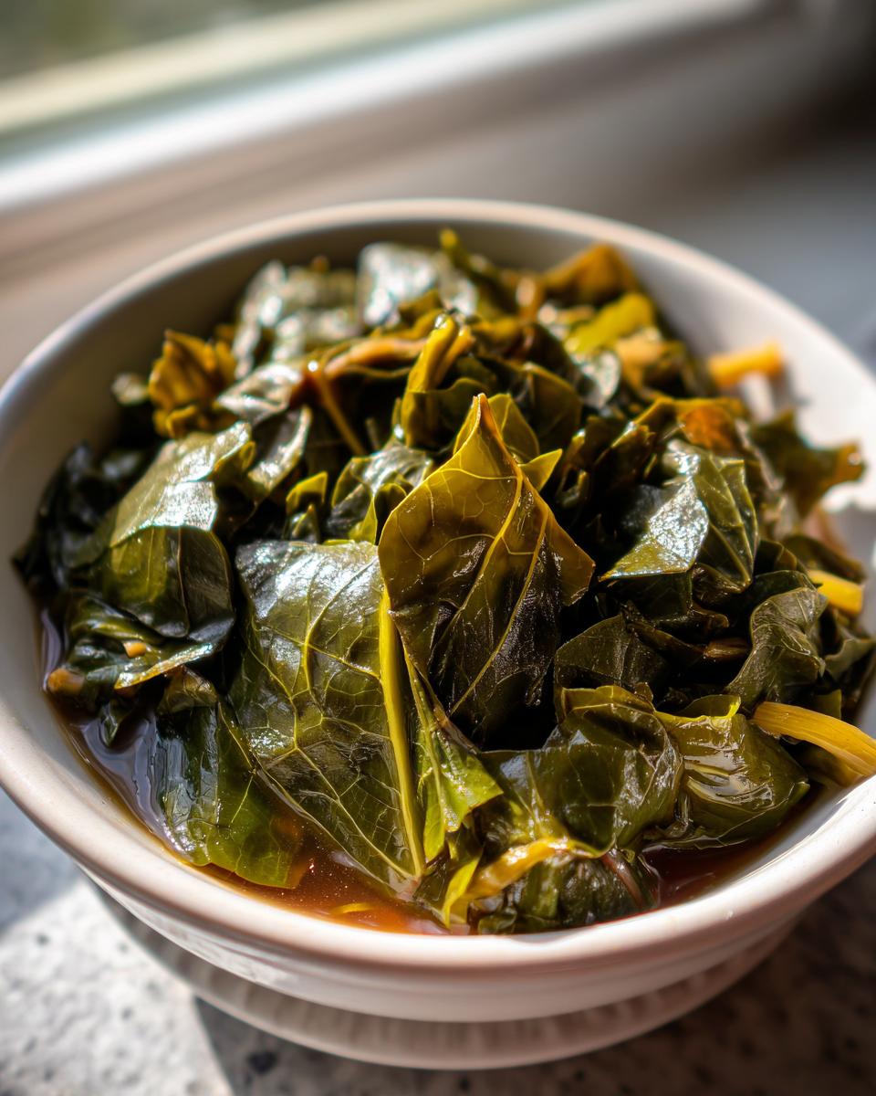 Close-up of tender, dark green collard greens simmering in rich pot liquor in a white bowl.