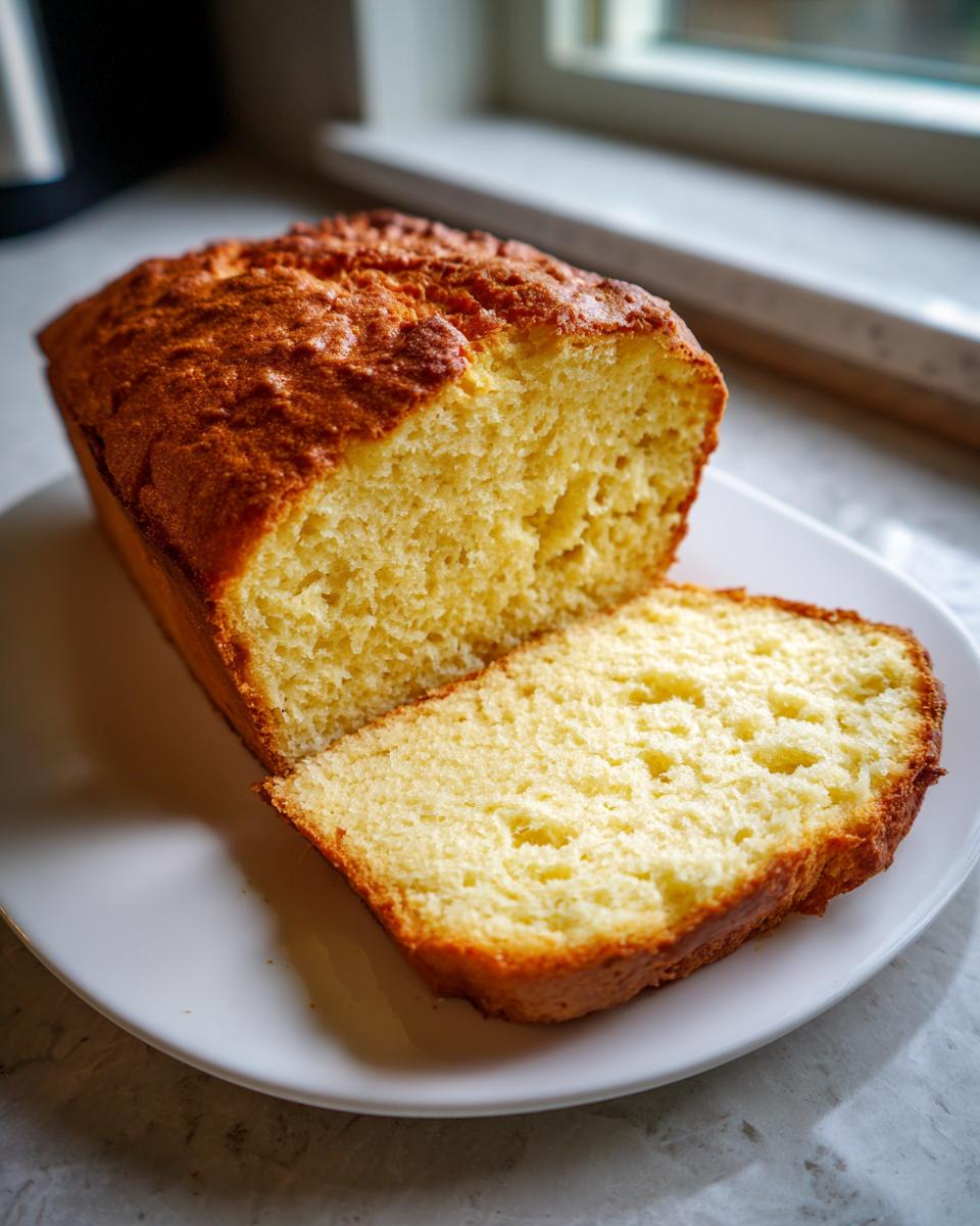 A golden-brown loaf of homemade beer bread with one thick slice cut and resting beside it on a white plate.