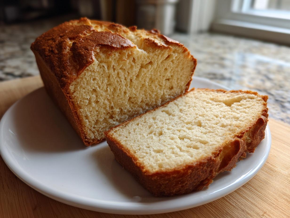 A loaf of golden brown beer bread, partially sliced, showing the soft, airy interior texture.