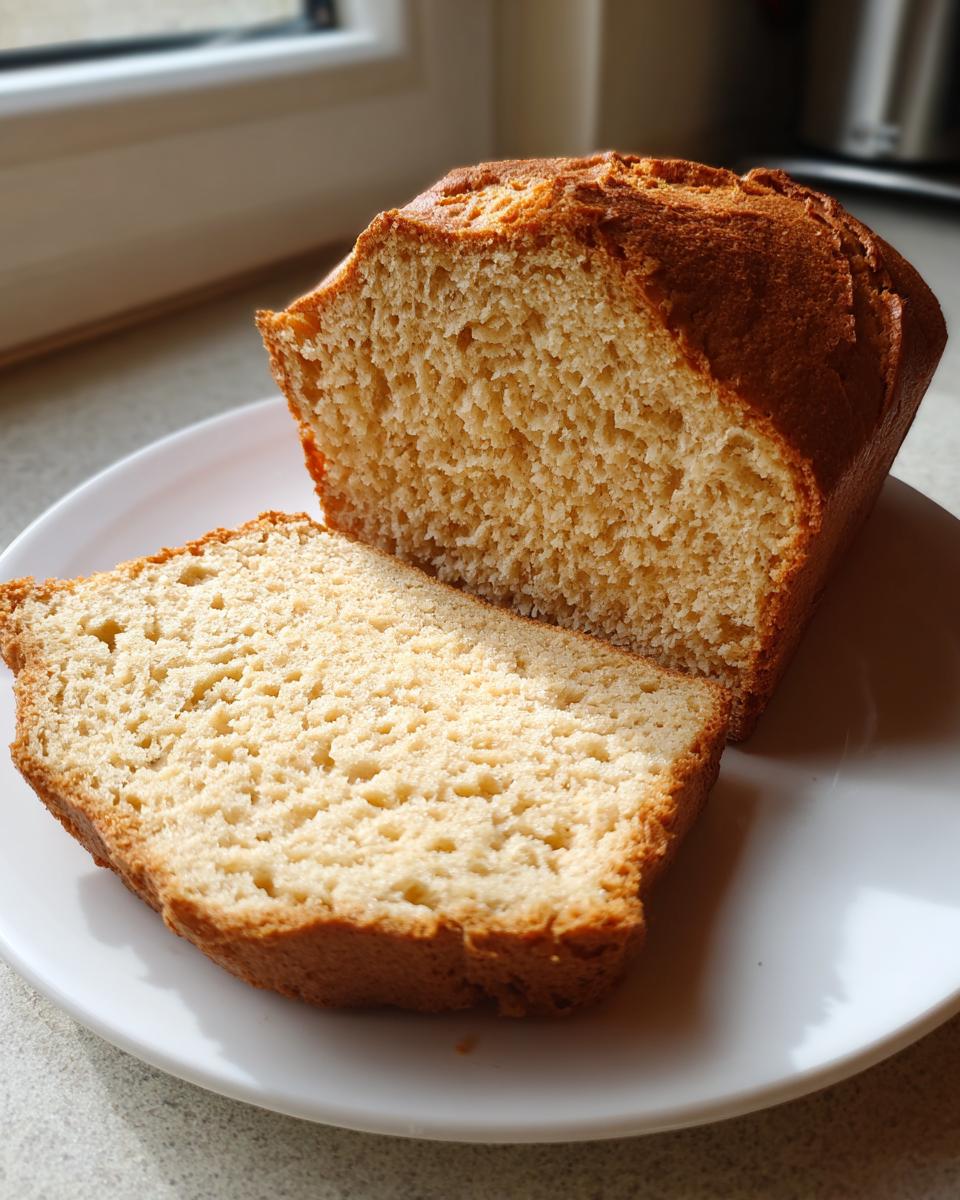 A close-up of a freshly baked beer bread loaf, sliced to show the soft, golden interior texture.