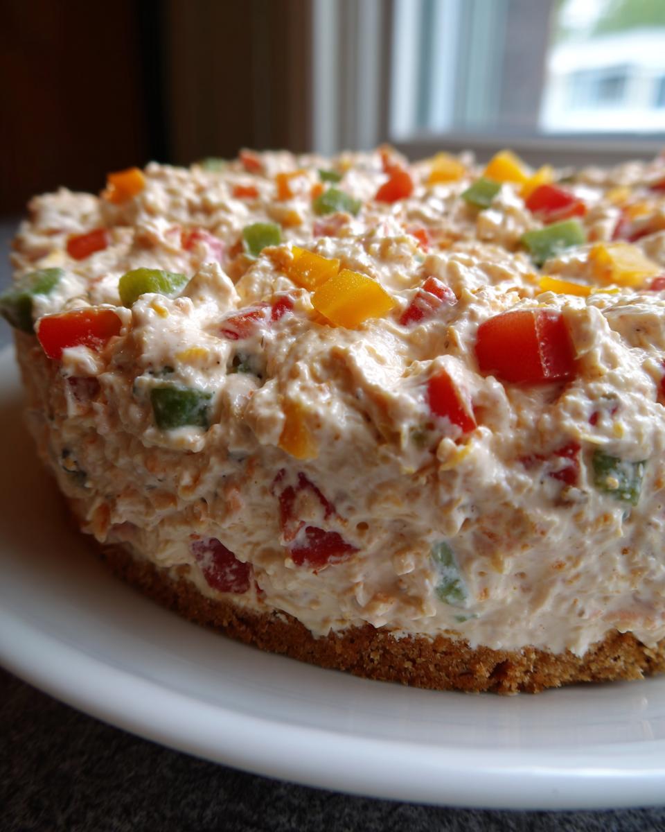 Close-up of a creamy, layered 5-ingredient boat dip topped with colorful diced peppers on a white plate.