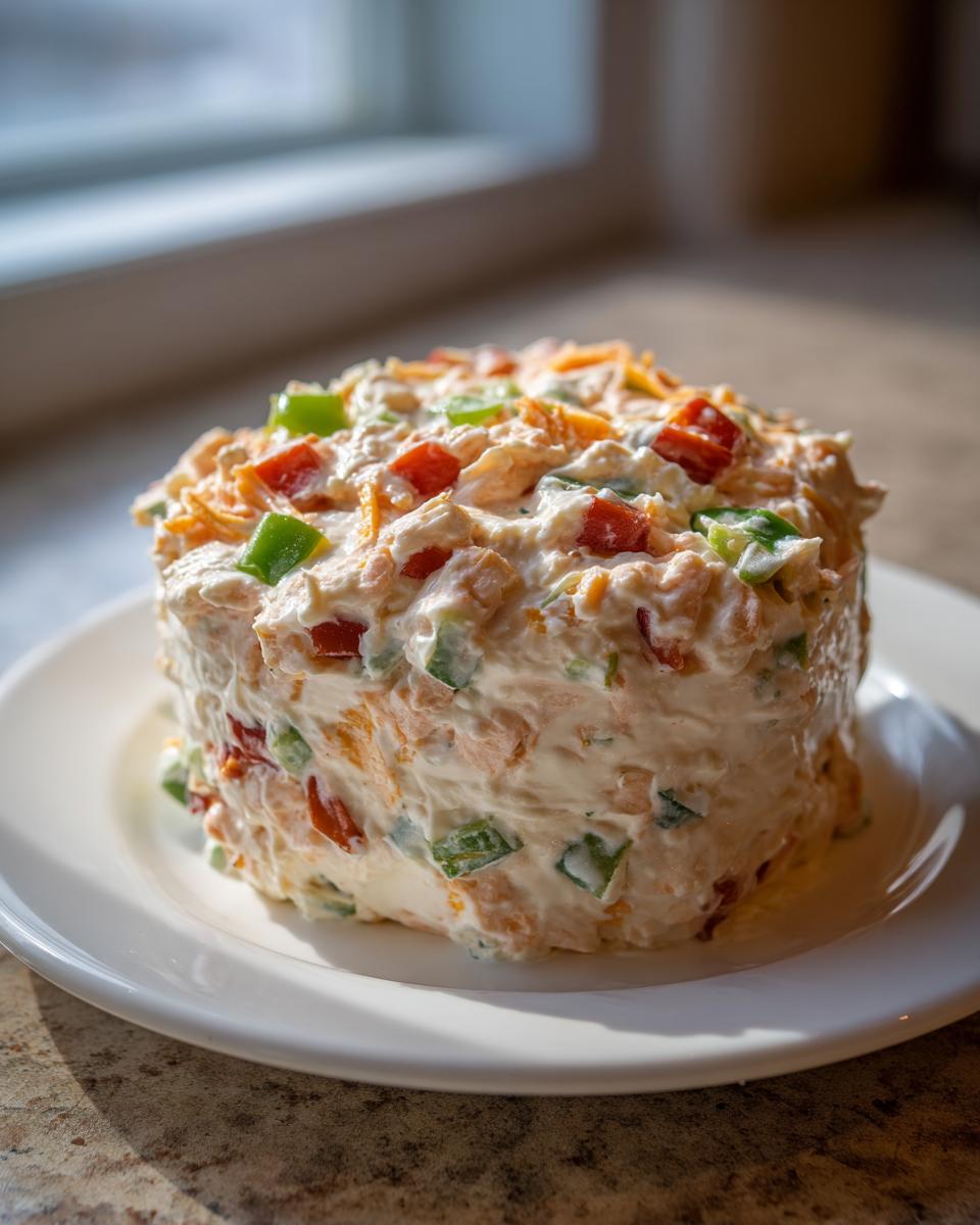 A mound of creamy, cheesy boat dip mixed with diced peppers and shredded cheese, served on a white plate.