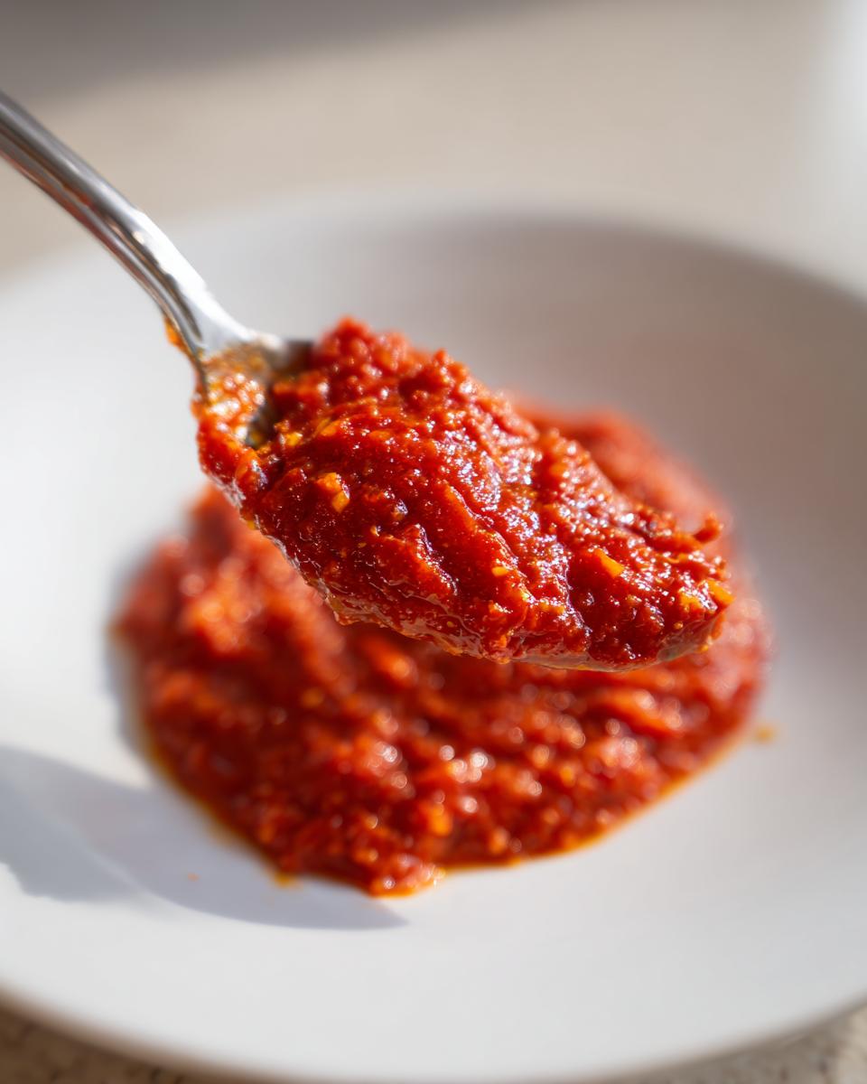 A spoonful of thick, vibrant red pizza sauce being lifted from a dollop on a white plate.