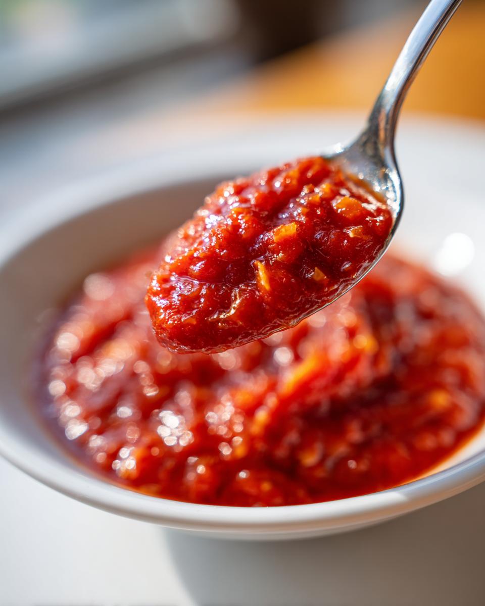 A spoonful of thick, vibrant red pizza sauce, showing texture and small pieces of garlic or herbs.