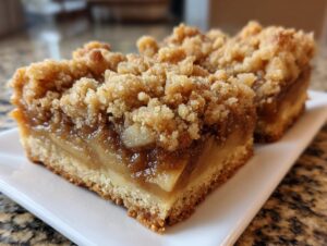 Two rich, thick apple pie bars with gooey filling and a crunchy streusel topping served on a white plate.