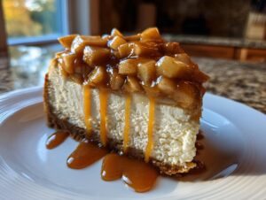 A decadent slice of apple pie cheesecake topped with spiced apples and drizzled with caramel sauce.