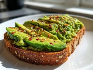Close-up of a hearty slice of avocado toast topped with mashed and sliced avocado, chili flakes, and sesame seeds.