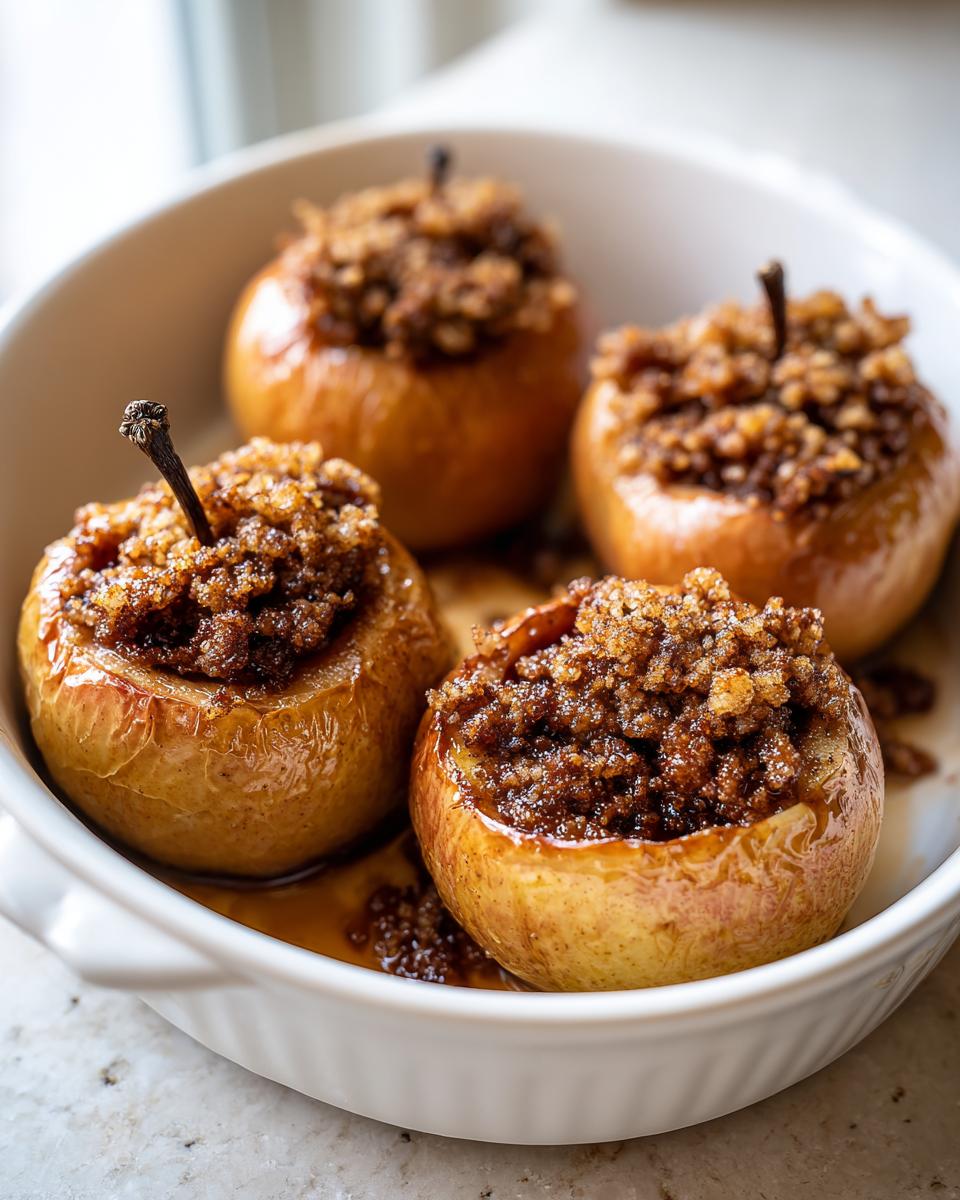 Four golden brown baked apple desserts topped with a rich brown sugar crumble filling.