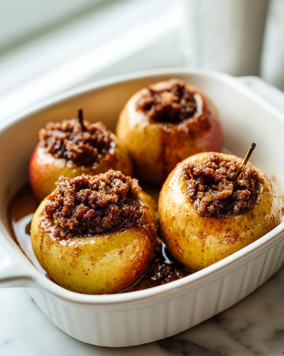 Four golden brown baked apple desserts topped with brown sugar crumble, sitting in a white baking dish.